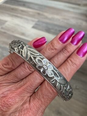 Antique White Jade and Sterling Silver Bangle